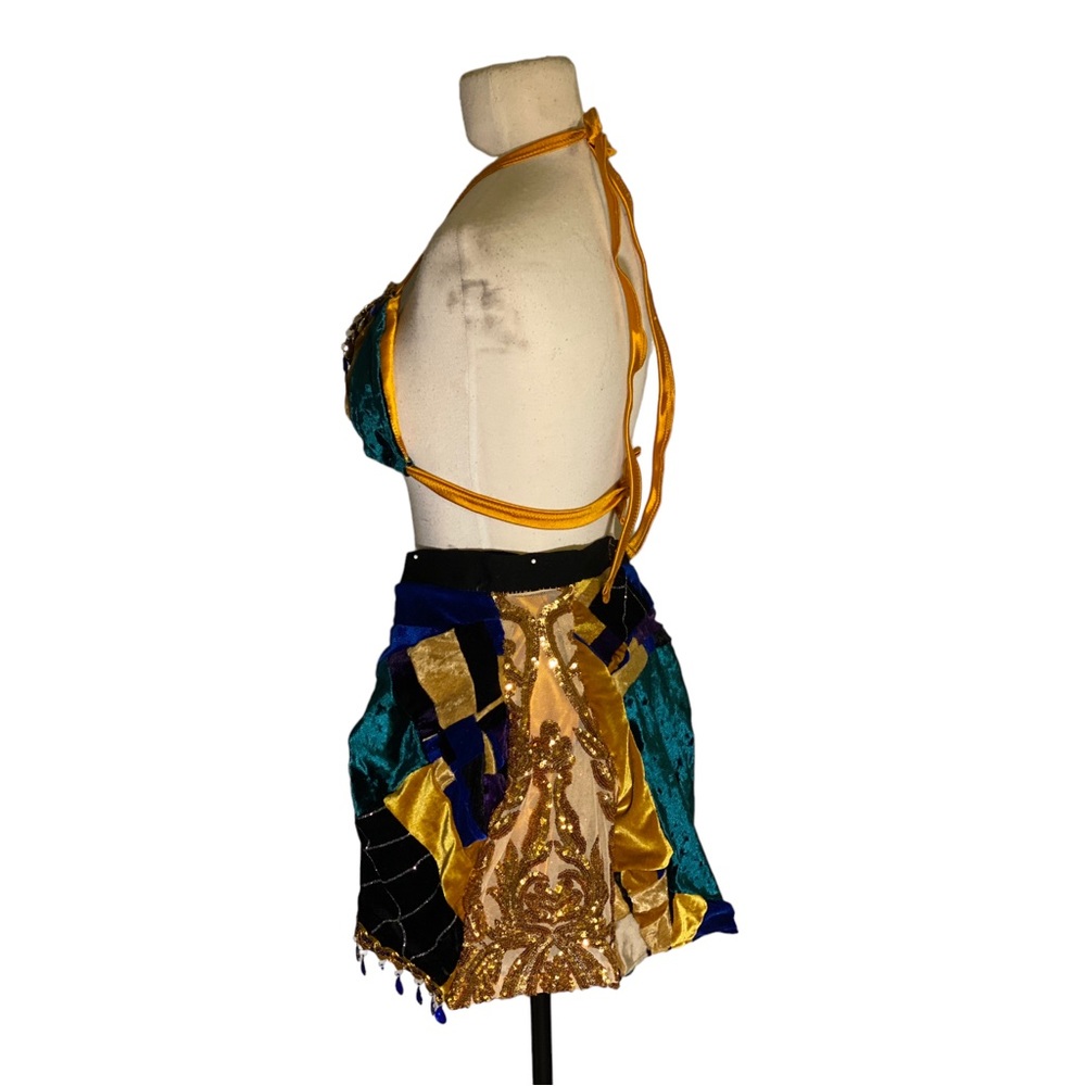 Handmade Blue Rhinestone Velvet Co-ord: Patchwork Stretch Set - Picture 3 of 5